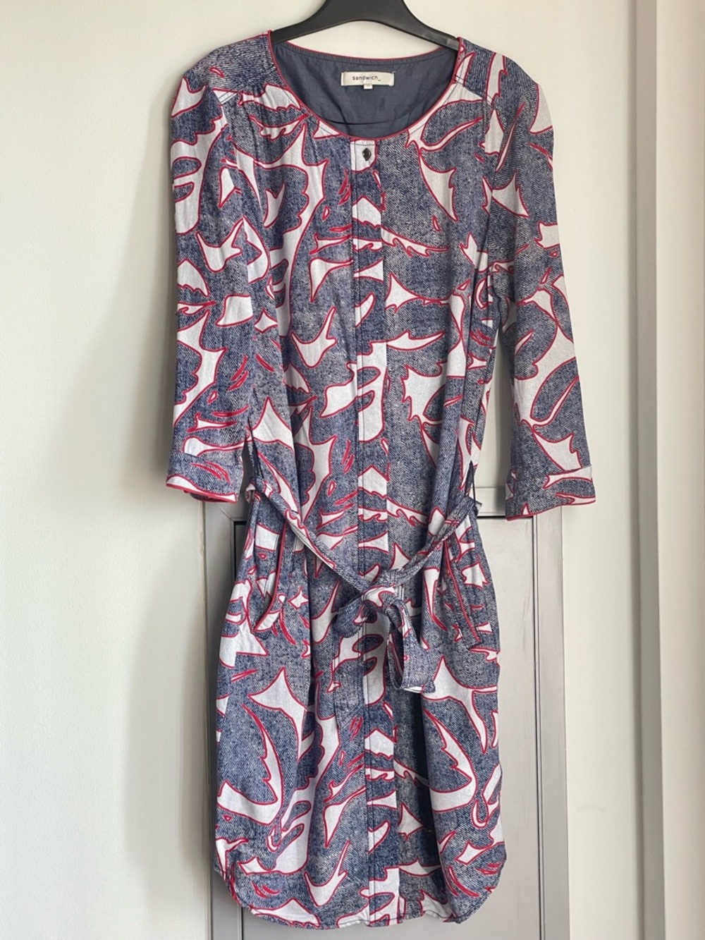 SANDWICH Button Front Navy and White Abstract Dress with Red Trim